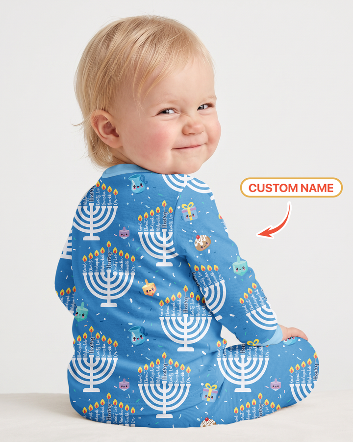 Custom Name Hannukkah Menorah Family Matching Bamboo Two Piece Long Sleeve Pajama Set