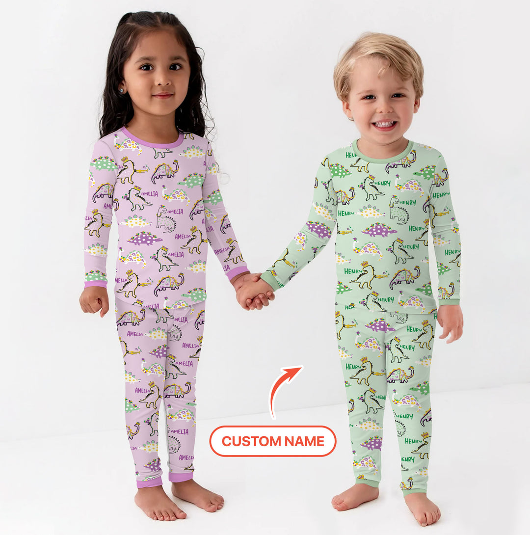 Custom Name Mardi Gras Saurus Two Piece Long Sleeve Pajama Set