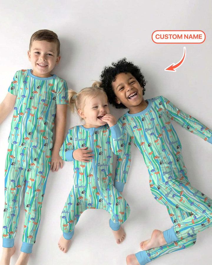 Custom Name Summer Beach Bamboo Two Piece Long Sleeve Pajama Set
