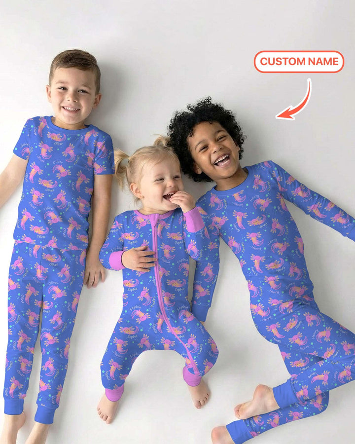 Axolotl Glow Custom Name Bamboo Two Piece Short Sleeve Pajama Set