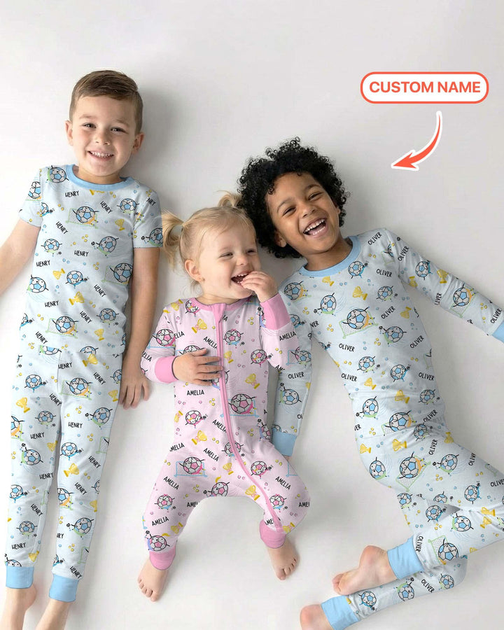 Conjunto de pijama de dos piezas de bambú a juego para papá futbolero, de manga corta y pantalones cortos, con nombre personalizado