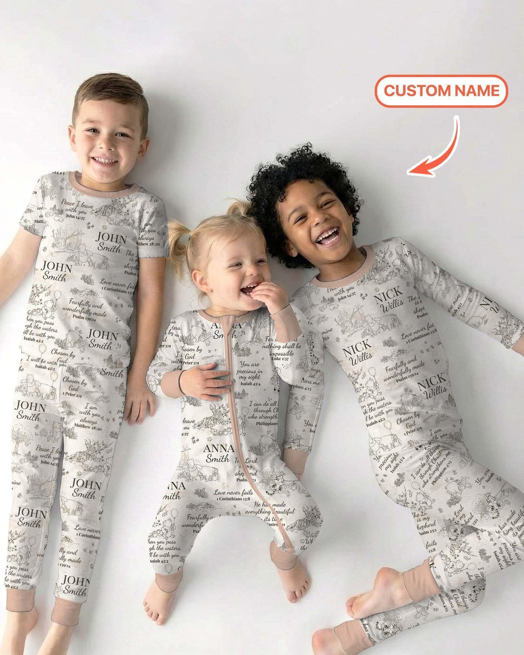 Classic Bear Bible Verse Custom Name Bamboo Two Piece Long Sleeve Pajama Set