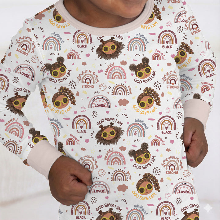 Afro African American Girl Two Piece Long Sleeve Pajama Set