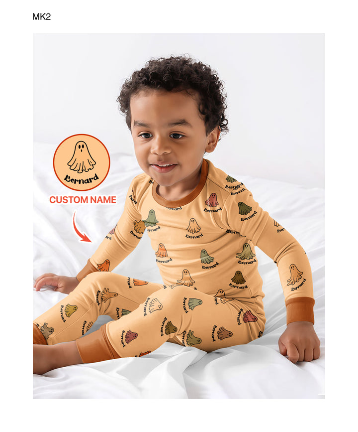 Cute Boo Ghost Vintage Halloween Bamboo Two Piece Long Sleeve Pajama Set