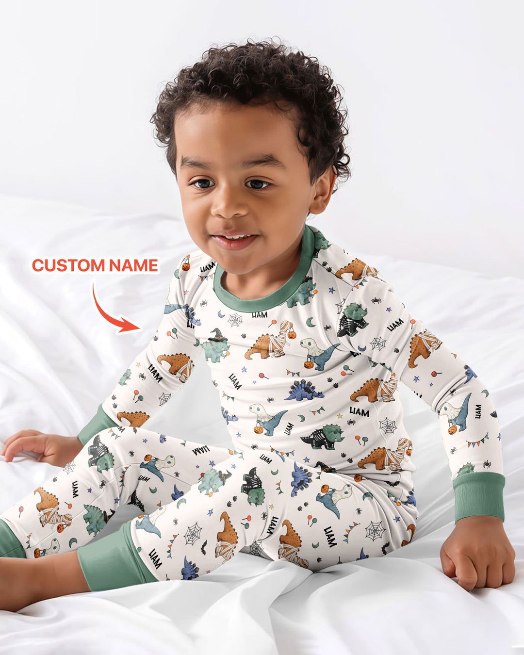 Custom Name Cute Halloween Dinosaur - Personalized Long Sleeve Pajama Set