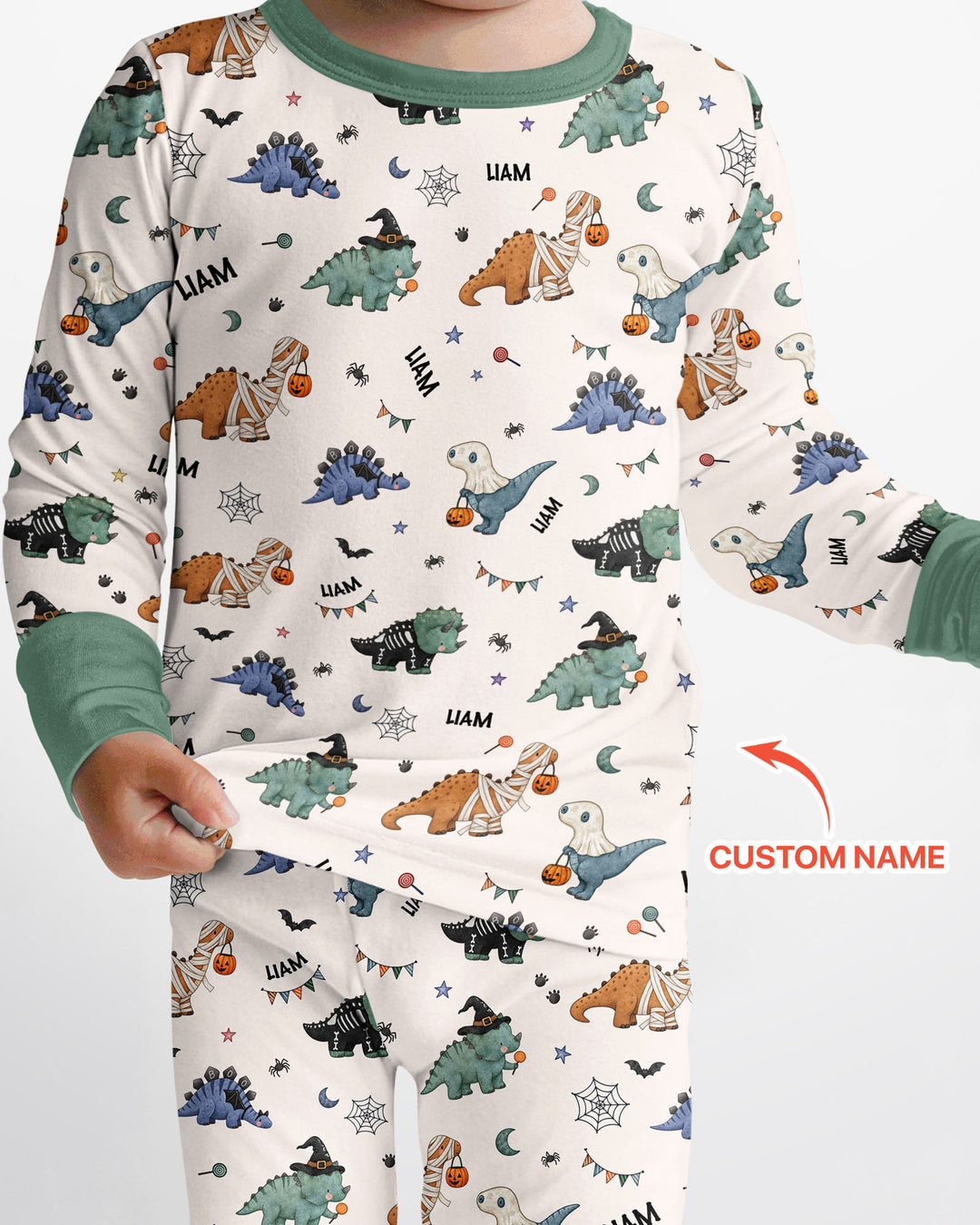 Custom Name Cute Halloween Dinosaur - Personalized Long Sleeve Pajama Set