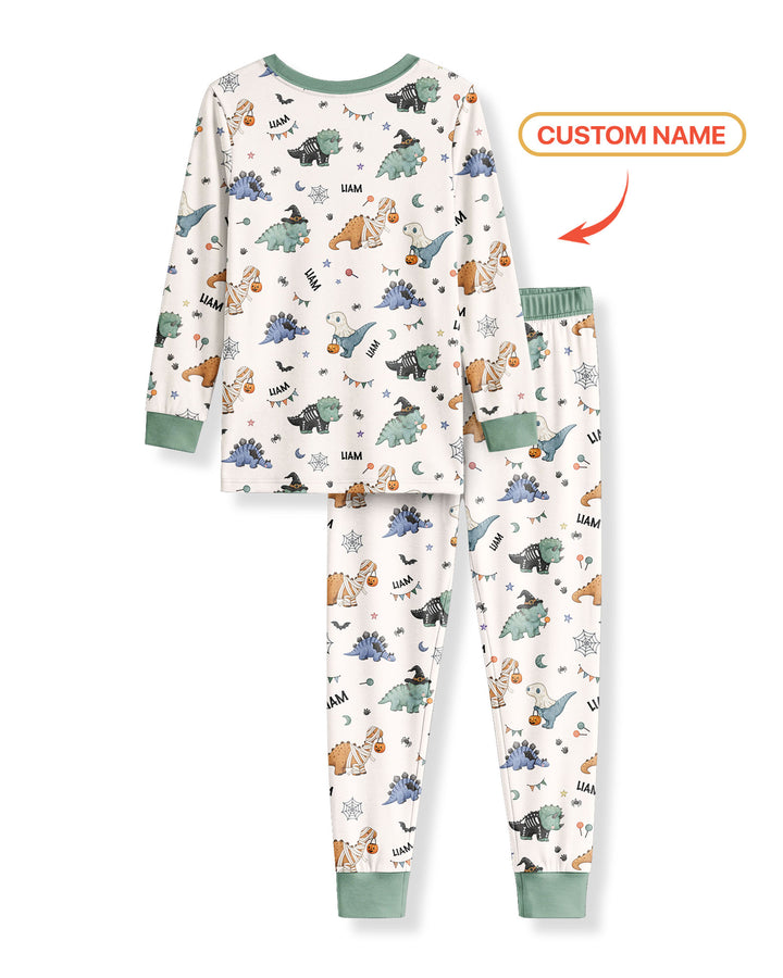 Custom Name Cute Halloween Dinosaur - Personalized Long Sleeve Pajama Set