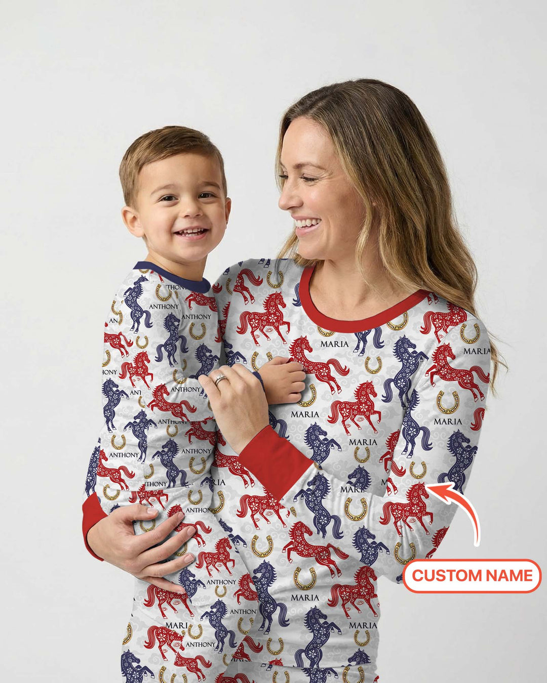 Custom Name Chinoiserie Horses Two Piece Long Sleeve Pajama Set