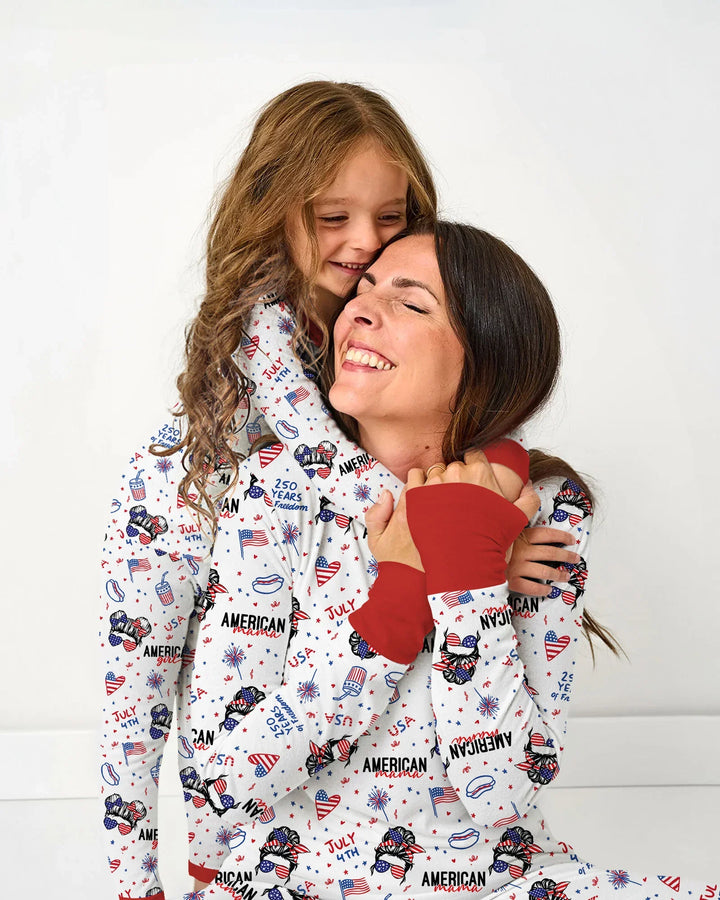 Doodle American Flag Glasses Family Matching Bamboo Women Pajama Set