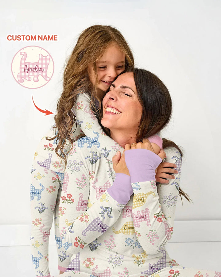 Gingham Cats Custom Name Bamboo Two Piece Long Sleeve Pajama Set