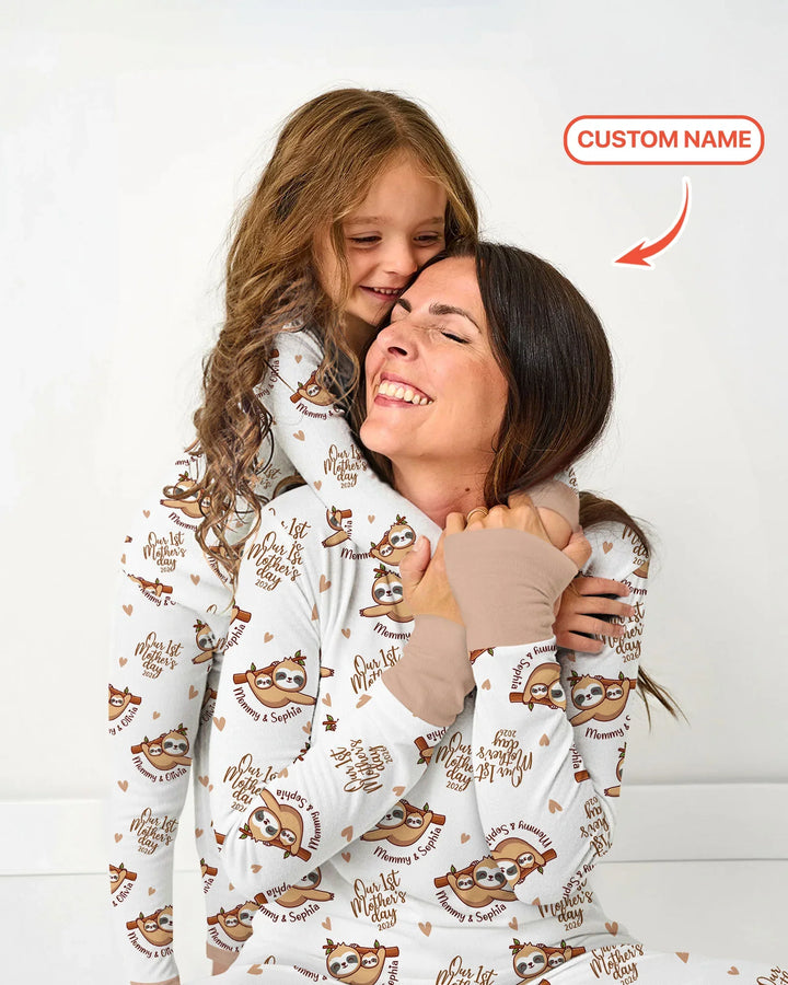 Custom Name Mama & Baby Sloth – Our First Mother’s Day 2026 Bamboo Two Piece Long Sleeve Pajama Set