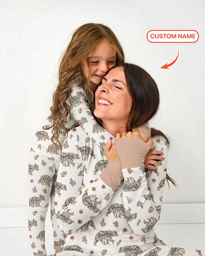 Custom Name Floral Bear Family Matching Bamboo Women Pajama Set