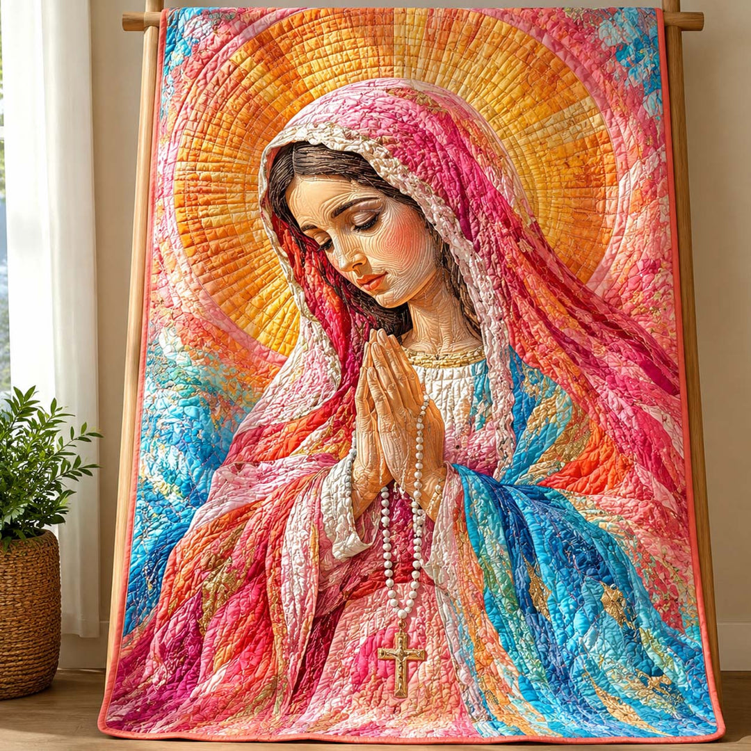 Mother Mary in Radiant Rose and Blue Bamboo Quilt Blanket