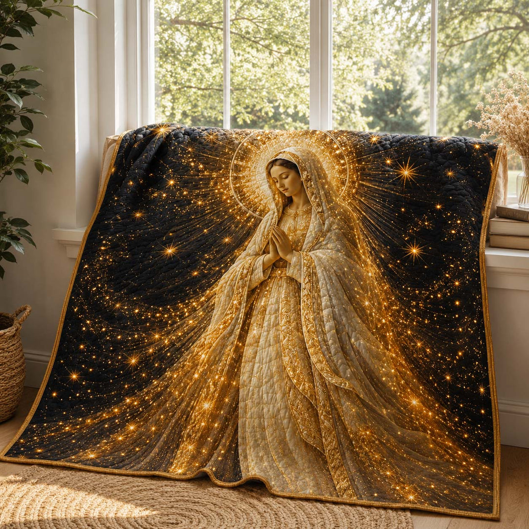 Mother Mary of the Celestial Golden Light Bamboo Quilt Blanket