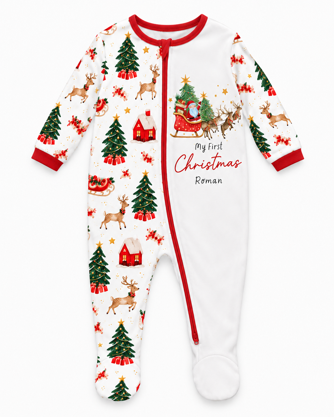 Custom Name Santa Sleigh First Christmas Bamboo Zippered Footie Romper