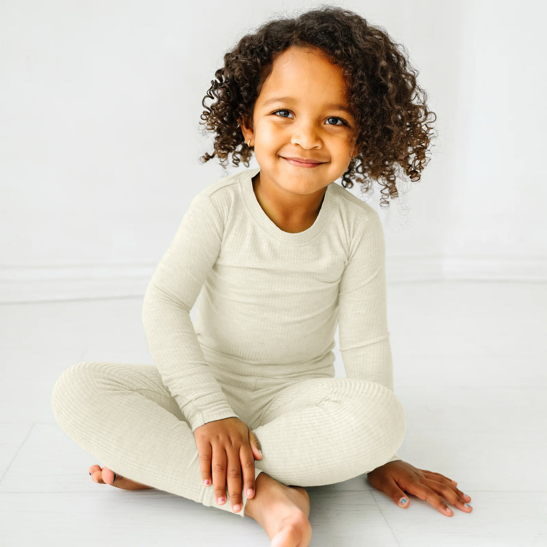Vanilla Cream Ribbed Two Piece Long Sleeve Pajama Set