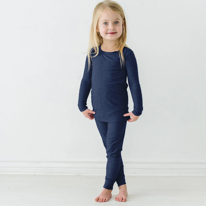 Midnight Blue Ribbed Two Piece Long Sleeve Pajama Set