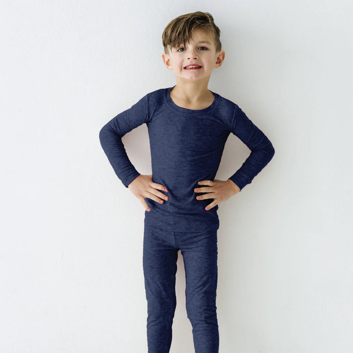 Midnight Blue Ribbed Two Piece Long Sleeve Pajama Set