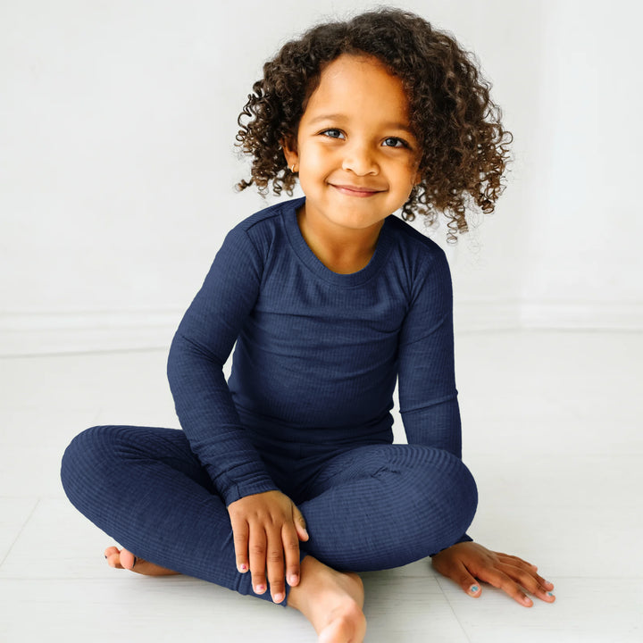 Midnight Blue Ribbed Two Piece Long Sleeve Pajama Set