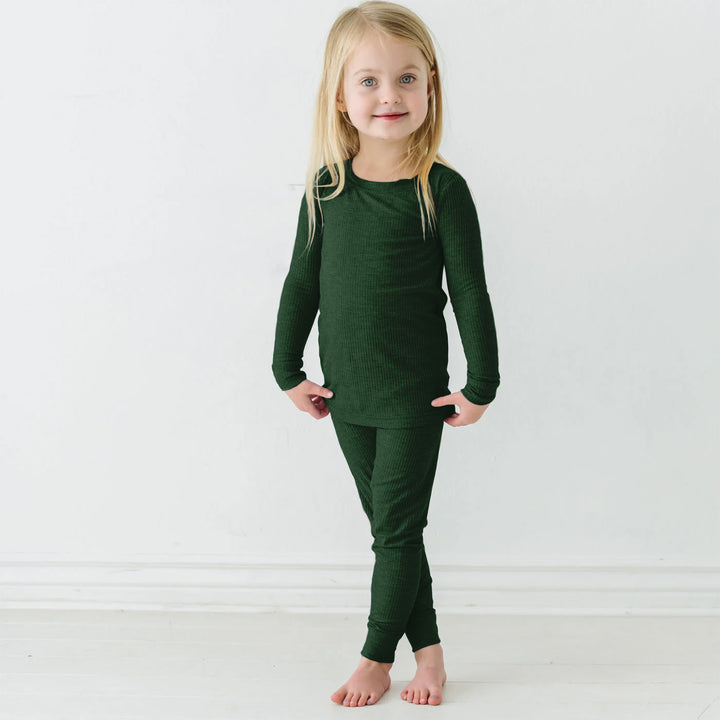 Forest Green Ribbed Two Piece Long Sleeve Pajama Set
