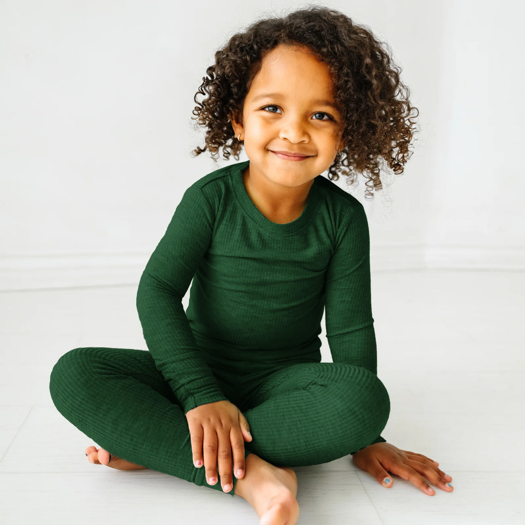 Forest Green Ribbed Two Piece Long Sleeve Pajama Set
