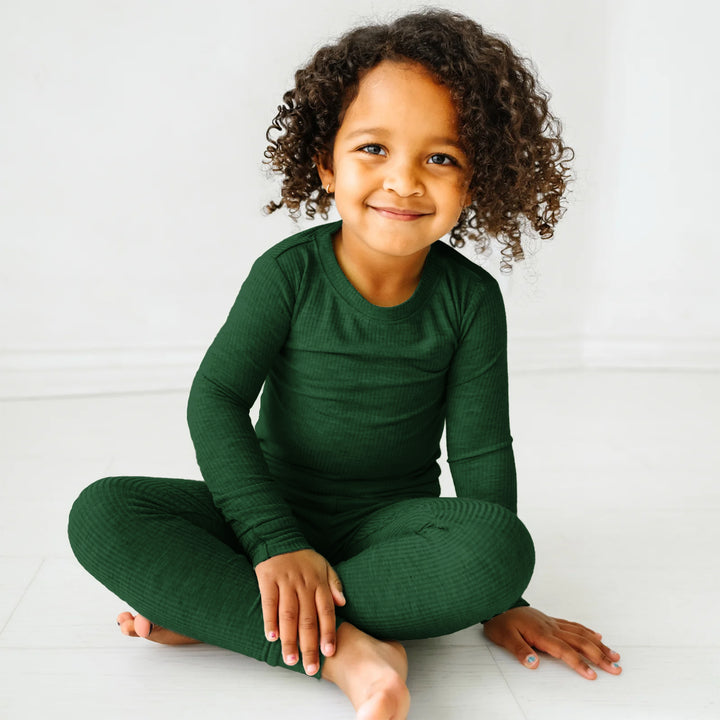 Forest Green Ribbed Two Piece Long Sleeve Pajama Set