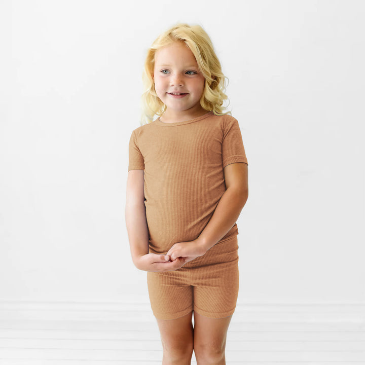 Caramel Ribbed Two Piece Short Sleeve Shorts Pajama Set