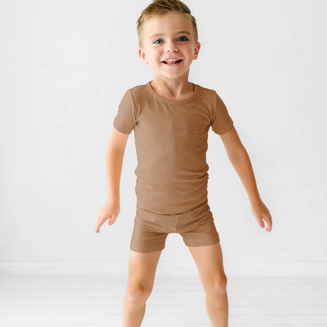 Caramel Ribbed Two Piece Short Sleeve Shorts Pajama Set