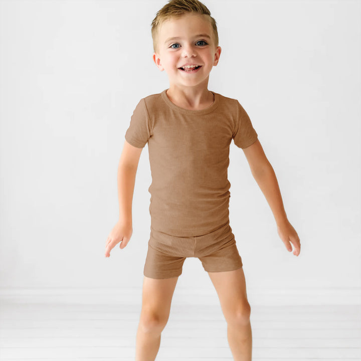 Caramel Ribbed Two Piece Short Sleeve Shorts Pajama Set
