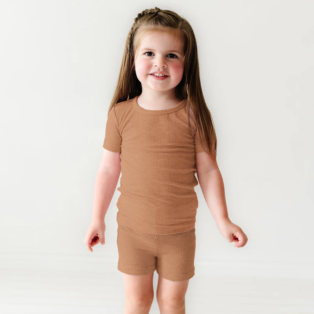 Caramel Ribbed Two Piece Short Sleeve Shorts Pajama Set