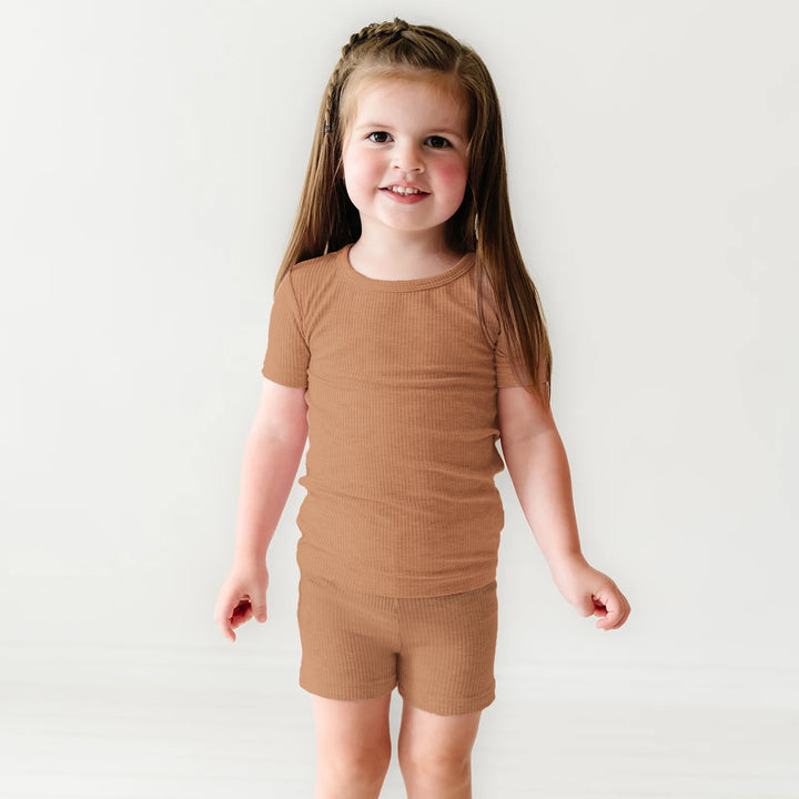 Caramel Ribbed Two Piece Short Sleeve Shorts Pajama Set