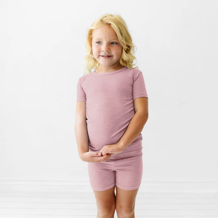 Blush Petal Ribbed Two Piece Short Sleeve Shorts Pajama Set