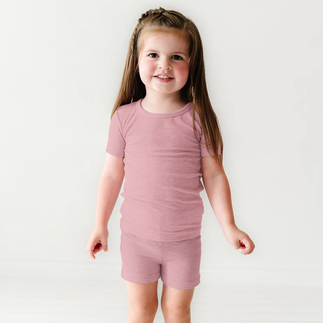 Blush Petal Ribbed Two Piece Short Sleeve Shorts Pajama Set