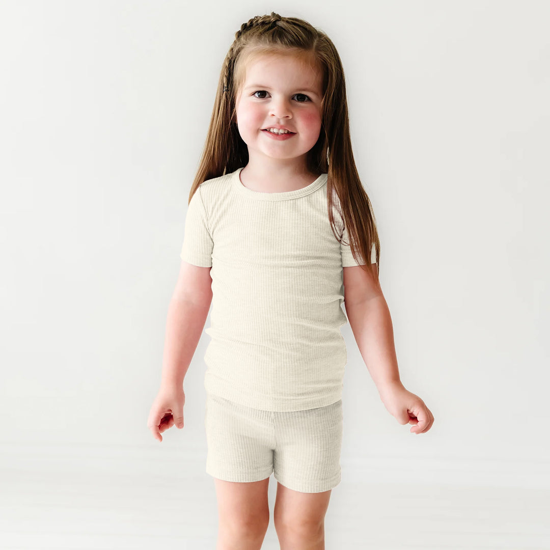 Vanilla Cream Ribbed Two Piece Short Sleeve Shorts Pajama Set
