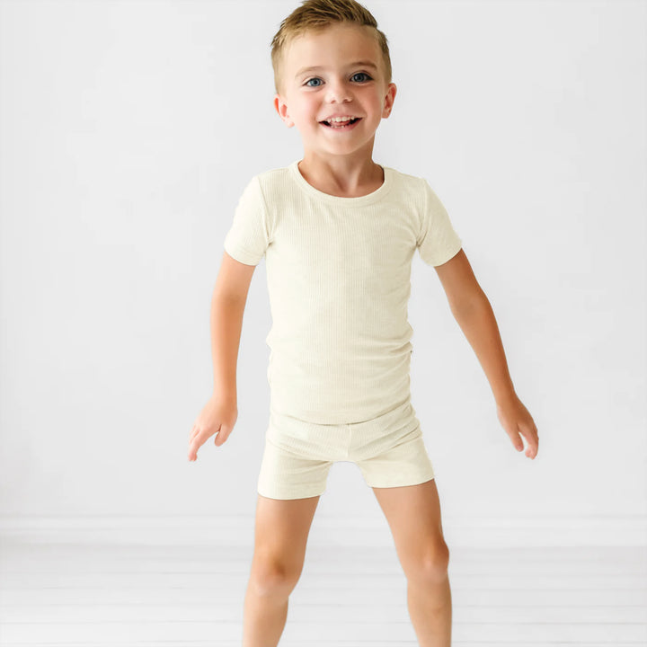 Vanilla Cream Ribbed Two Piece Short Sleeve Shorts Pajama Set