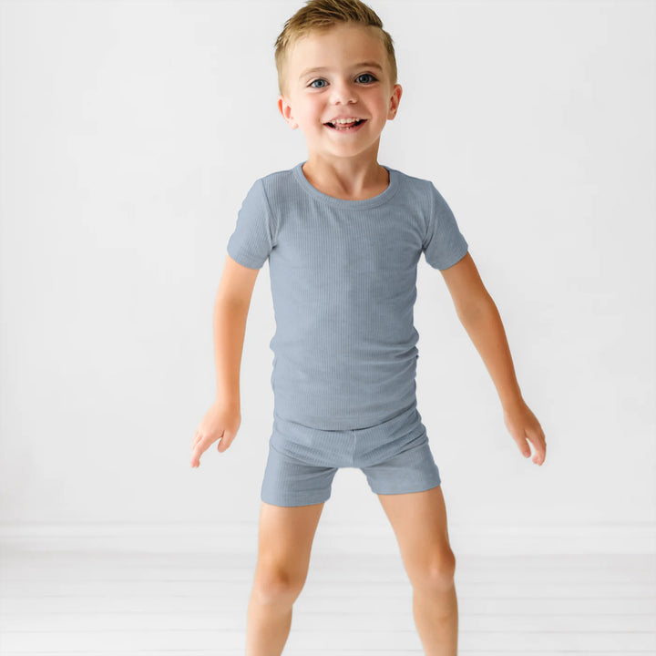 Misty Blue Ribbed Two Piece Short Sleeve Shorts Pajama Set