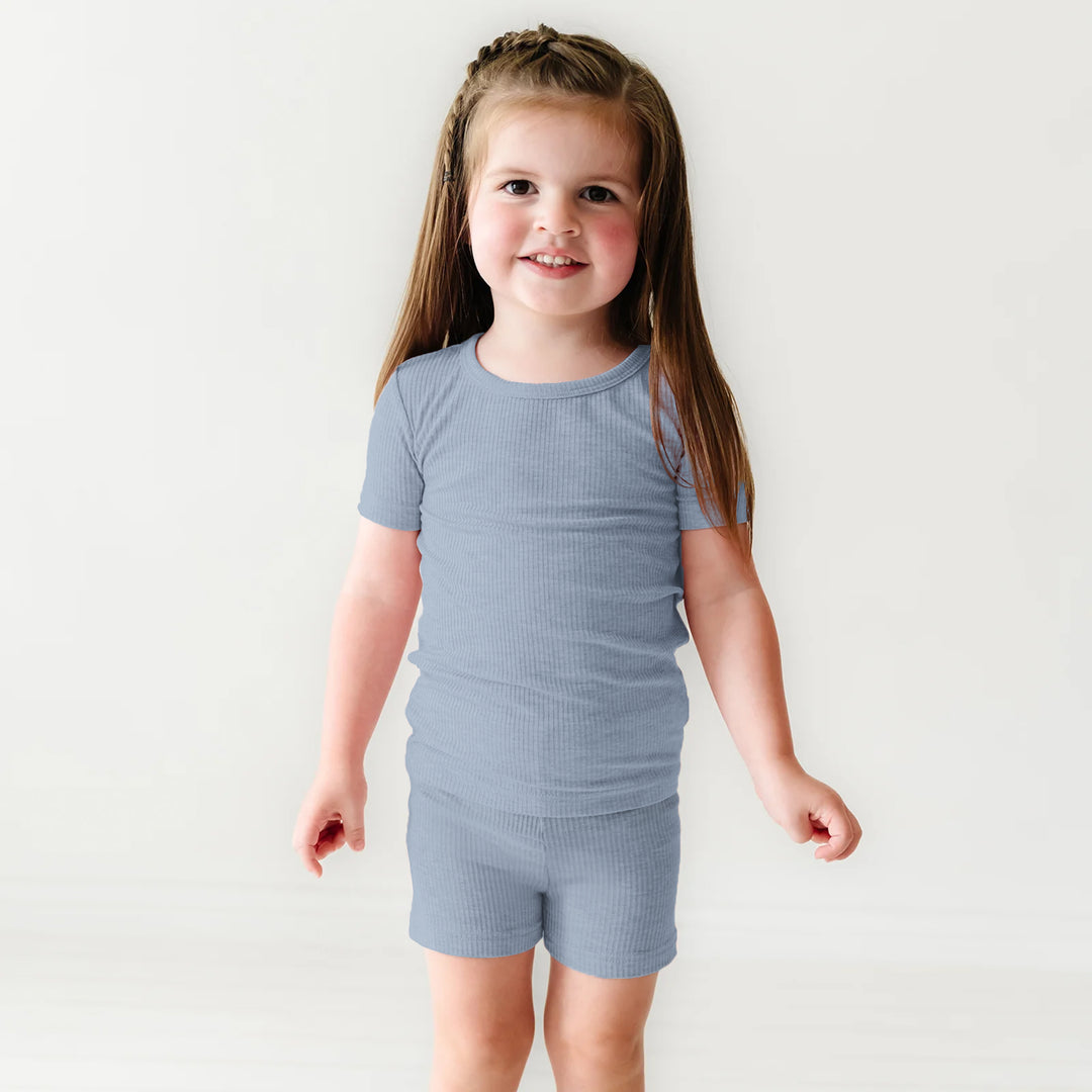 Misty Blue Ribbed Two Piece Short Sleeve Shorts Pajama Set