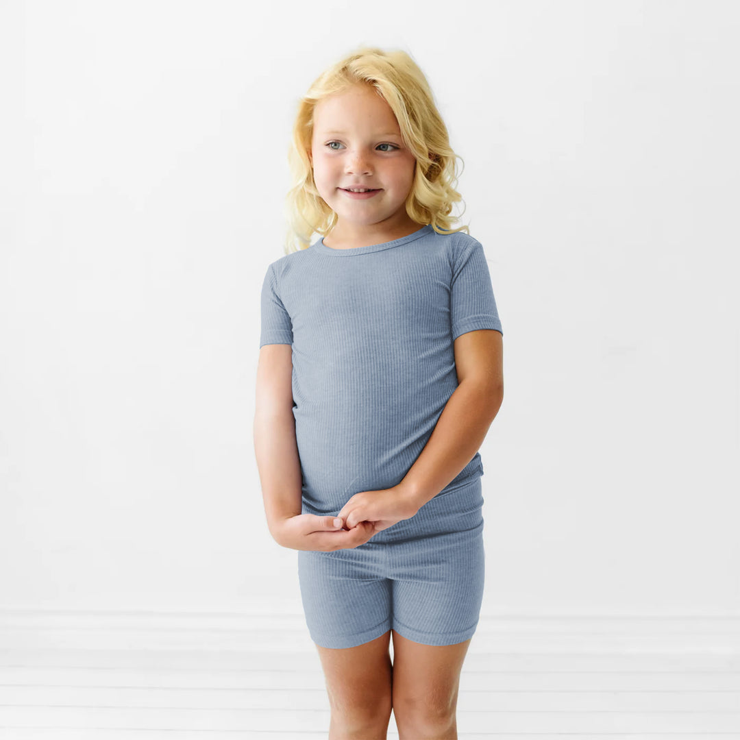 Misty Blue Ribbed Two Piece Short Sleeve Shorts Pajama Set