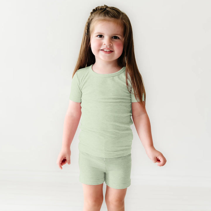 Sweet Sage Ribbed Two Piece Short Sleeve Shorts Pajama Set