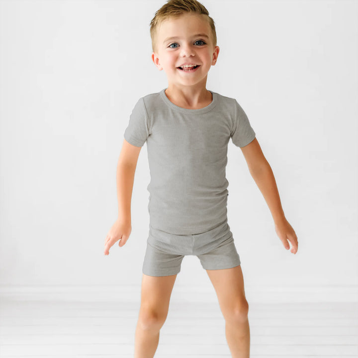 Moon Grey Ribbed Two Piece Short Sleeve Shorts Pajama Set