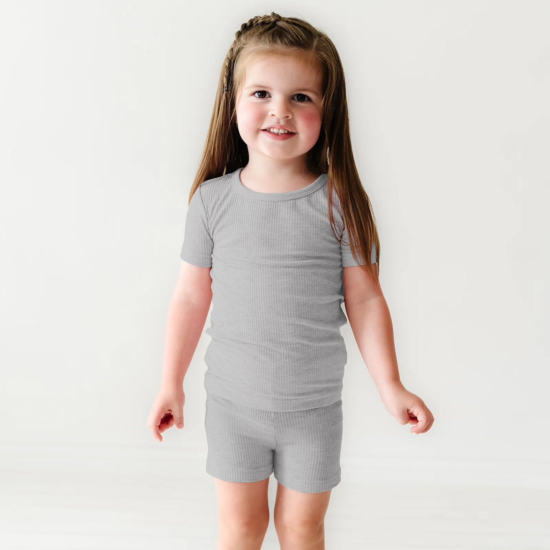 Moon Grey Ribbed Two Piece Short Sleeve Shorts Pajama Set