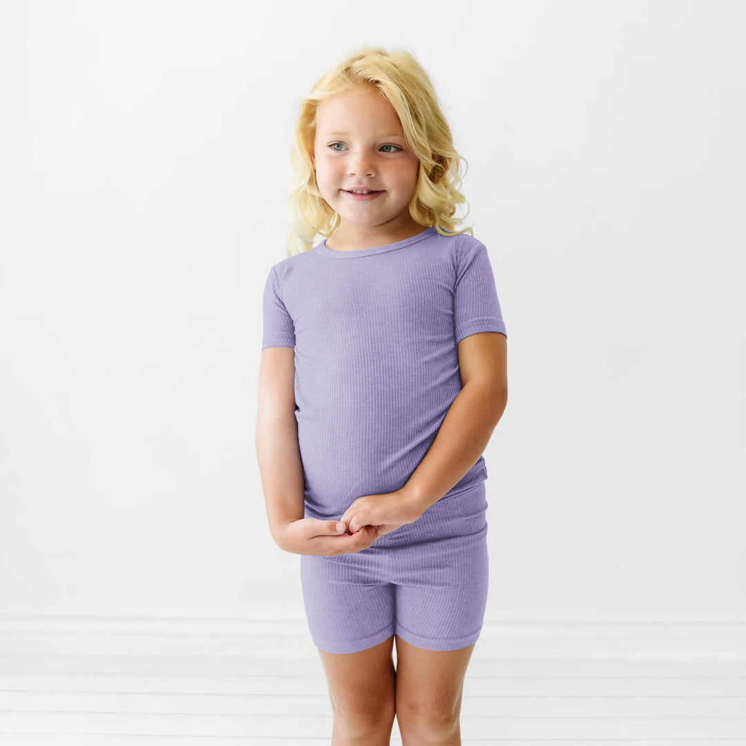 Lavender Ribbed Two Piece Short Sleeve Shorts Pajama Set