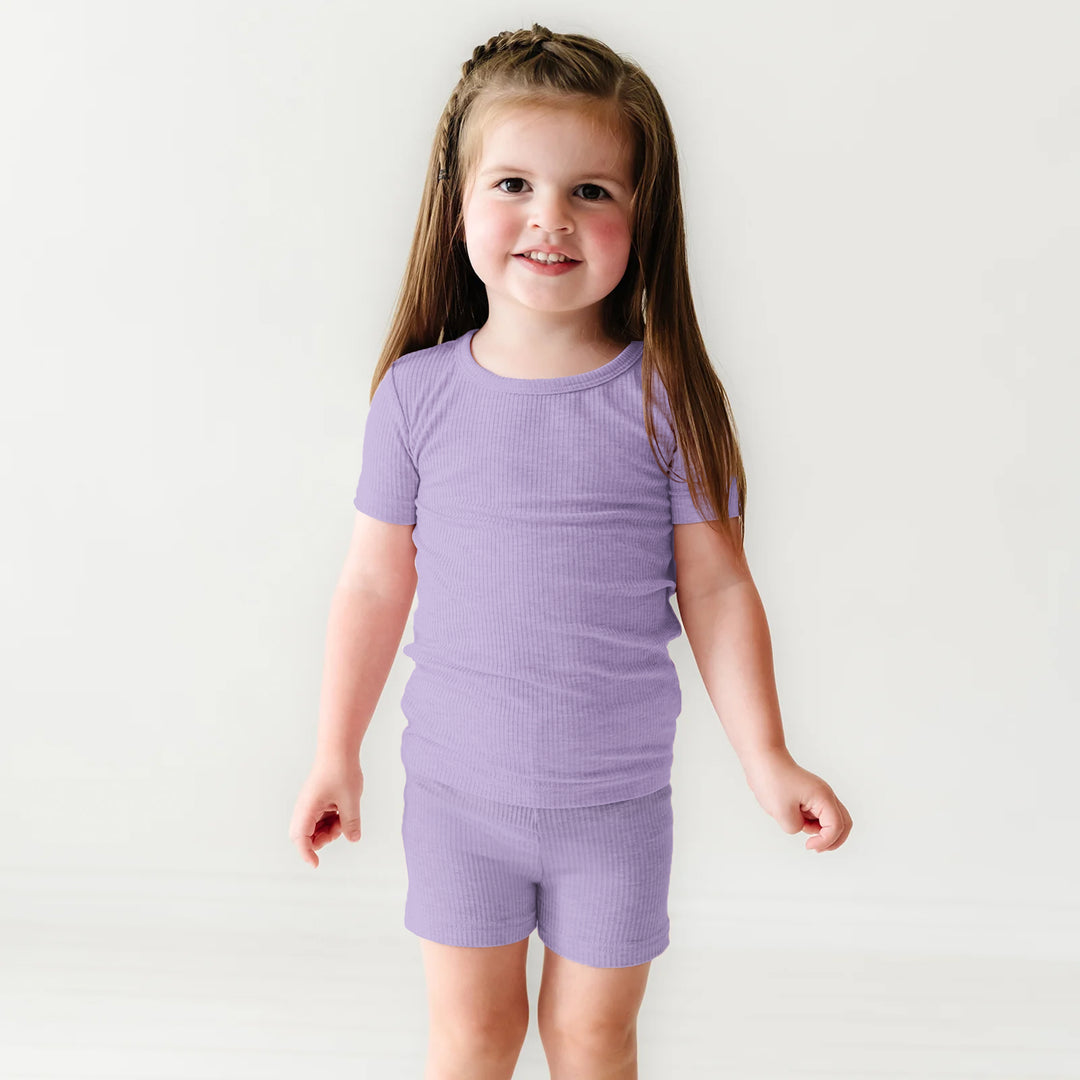 Lavender Ribbed Two Piece Short Sleeve Shorts Pajama Set