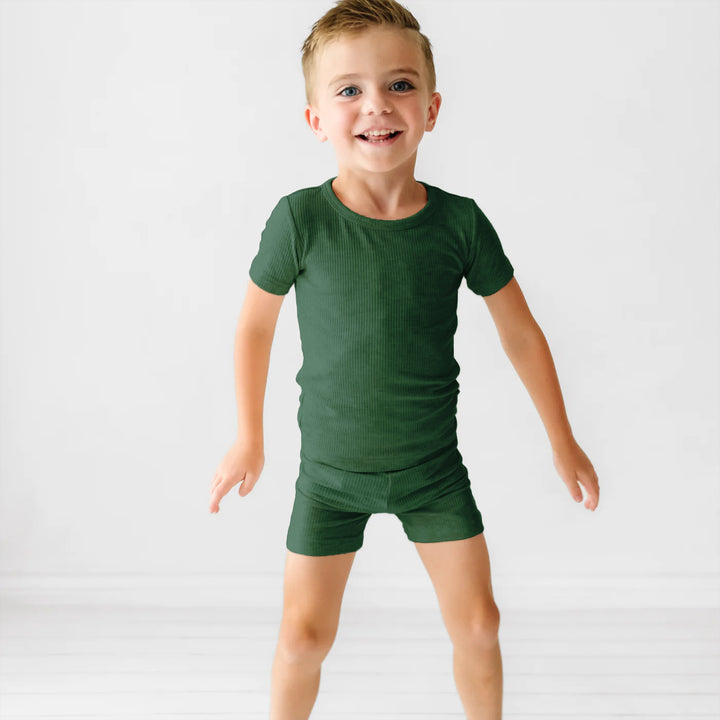 Forest Green Ribbed Two Piece Short Sleeve Shorts Pajama Set