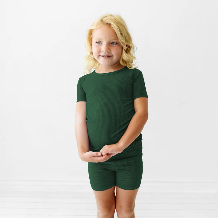 Forest Green Ribbed Two Piece Short Sleeve Shorts Pajama Set