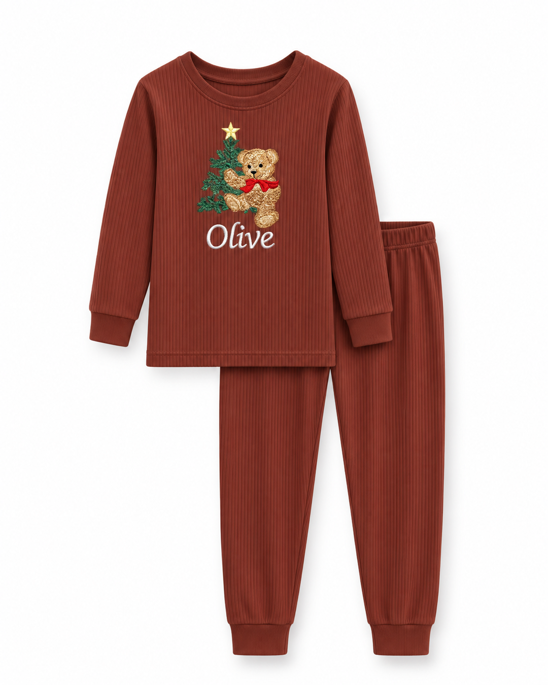 Christmas Teddy Embroidered Ribbed Bamboo Two Piece Long Sleeve Pajama Set