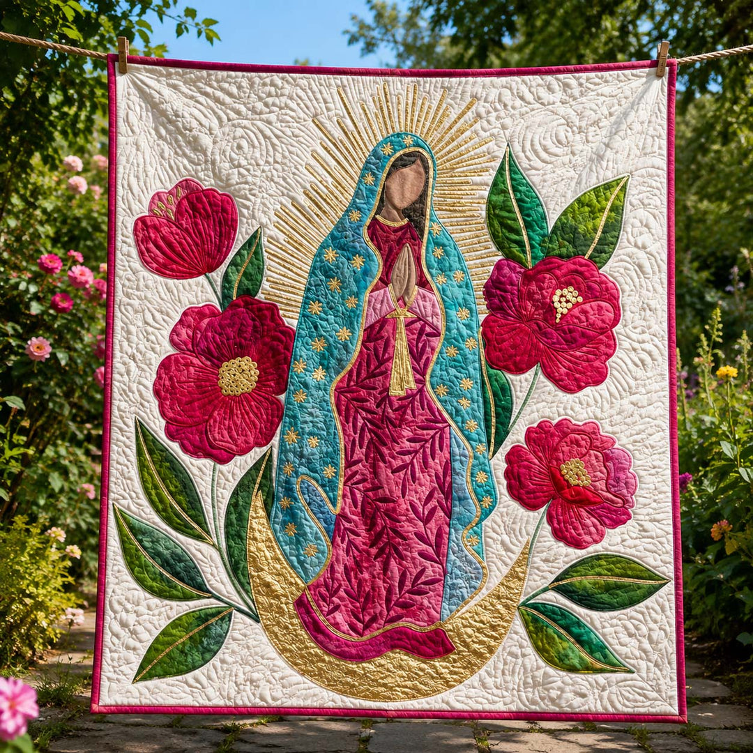 Our Lady of Guadalupe Pink Blossoms Bamboo Quilt Blanket