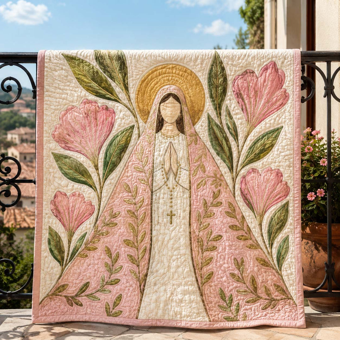 Our Lady of the Pink Floral Garden Bamboo Quilt Blanket