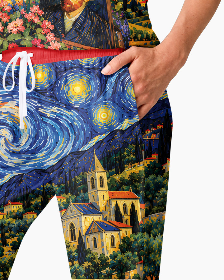 Night Sky Village Pattern Thin Bamboo Women Pajama Set