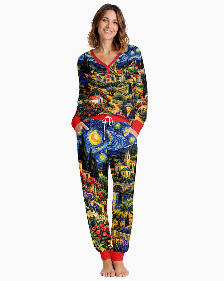 Night Sky Village Pattern Thin Bamboo Women Pajama Set
